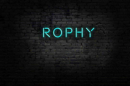 Neon sign with inscription rophy against brick wall