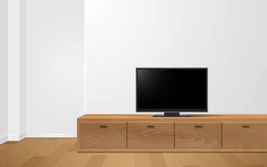 lcd tv on the wooden showcase and cabinet in the livingroom