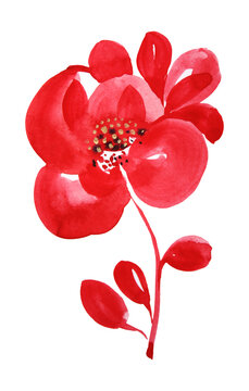Watercolor hand-drawn red orchid abstract flower isolated on white background. Art creative nature object for card, sticker, wallpaper, textile or wrapping.