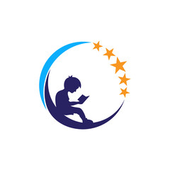 Educational logo design with children reading books on the moon and shining stars