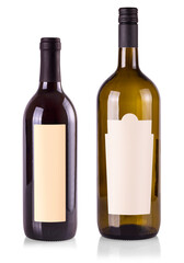 Red and White wine bottles, with real paper blank label. Isolated on white.