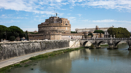 View of Castle Saint Angel, bridge with angels and a river from bridge Ponte Vittorio Emanuele II