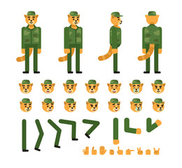 Cat soldier creation kit. Create your own pose, action, animation. Minimal design vector illustration
