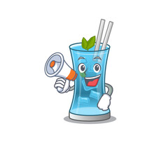 Mascot design of blue hawai cocktail announcing new products on a megaphone