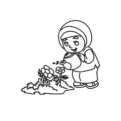 the girl is watering flowers