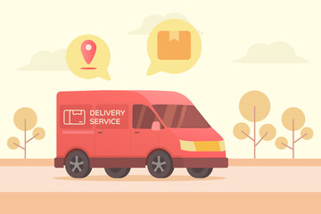 Car van delivering a box tracking location with gps tree and cloud in the background, logistics and technology concept modern flat style.