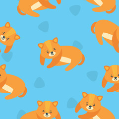 Seamless pattern with sleeping puppy in bright blue background. Cute puppy print for various designs. Vector illustration in flat style