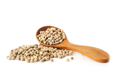Peppercorns in wooden spoon isolated on white background