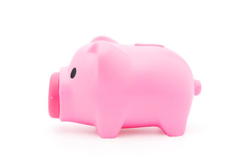 Side view of Pink pig piggy toy plastic or for use money coin saving concept isolated on white background with clipping path