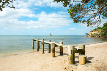 Small Wooden Wharf at Awhitu Regional Park Beach during Low Tide; Kauritutahi Beach; Auckland New Zealand
