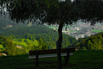 Bench situated under a tree that overlooks small village in lower Alps of Austria