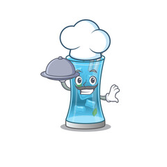mascot design of blue hawai cocktail chef serving food on tray
