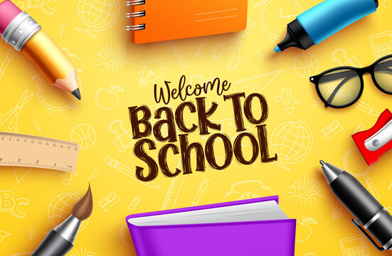 Back To School Education Banner. Back To School Welcome Text With Colorful Educational Supplies, Elements And Items In Yellow Pattern Background For Kids Learning Designs. Vector Illustration.
