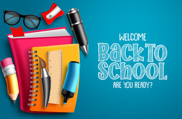 Back to school vector banner background. Welcome back to school text in blue empty space and colorful education elements, items and supplies for educational and kids learning. Vector illustration.
