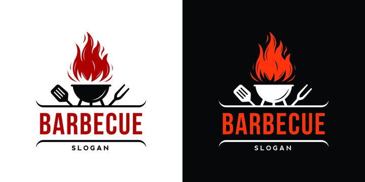 Barbecue restaurant - Logo icon of Barbecue, Grill and Bar with fire, grill fork and spatula. BBQ logo template. Vector illustration