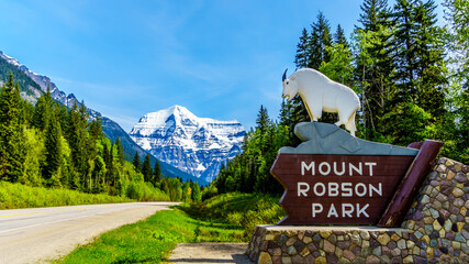 The entrance sign to Mt. Robson Provincial Park, British Columbia, Canada. Mount Robson in the...