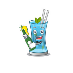 caricature design concept of blue hawai cocktail cheers with bottle of beer