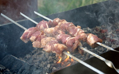 Cooking roasted over an open fire skewers of pork. shish kebab. shashlik.