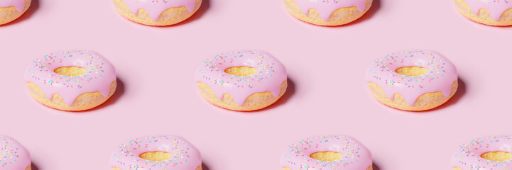 Pink donut pattern banner background. National Donut Day. Doughnut 3d model. Sweet junk food.