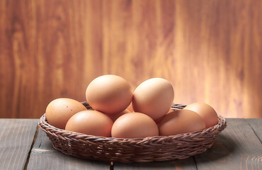 Chicken eggs in a wooden wicker basket on an old wooden table.