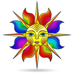 Illustration in stained glass style with sun with face on a white background isolated