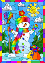 Obraz na płótnie Canvas An illustration in the style of a stained glass window on the theme of winter holidays, a cheerful cartoon snowman in a hat and scarf, against the background of a winter morning landscape in a bright 