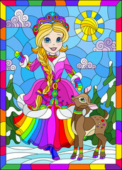 Obraz na płótnie Canvas An illustration in the style of a stained glass window on the theme of winter holidays, a cheerful cartoon of a girl and a fawn, against the background of a winter day landscape in a bright frame