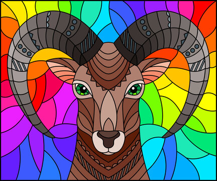 Illustration in the style of stained glass with abstract  ram head on a rainbow background rectangular image