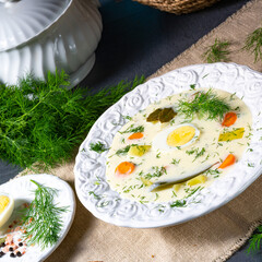 Dill soup with potato, fresh dill and egg