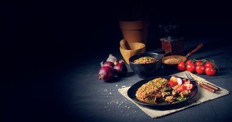 Buckwheat groats baked in the oven with beef goulash