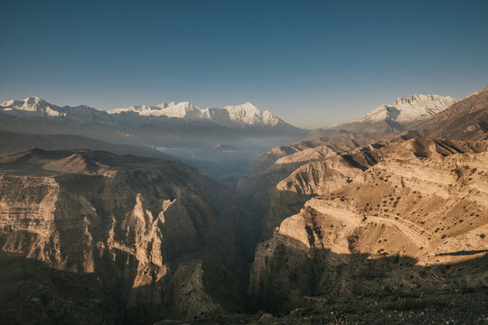 Upper mustang - Kingdom of Lo. Canyon in ancient Tibet. Sandstone massif in Nepal. trekking rote. high quality photo. Anapurna area. wild place.close territory.
