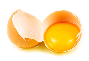 The hen's egg is visible, with a yellowish yellow inside on a completely separate white background.