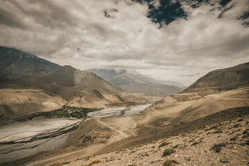 Upper mustang - Kingdom of Lo. Canyon in ancient Tibet. Sandstone massif in Nepal. trekking rote. high quality photo. Anapurna area. wild place.close territory.