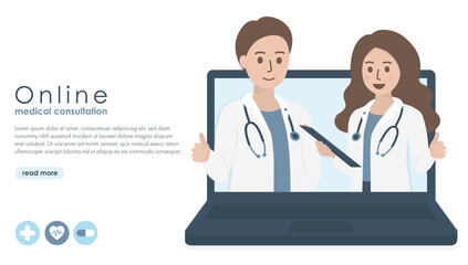 Computer screen of doctor with stethoscope, patient medical records and health icons. Online doctor, medical consultation and healthcare concept. Flat vector illustration. Copy space for text.