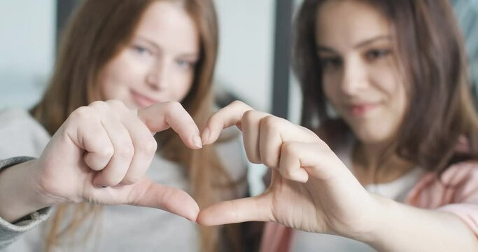 Close-up of two female hands making heart shape. Focus changes to beautiful faces of loving lesbian couple rubbing noses. Happy LGBT relationship, homosexual marriage, love. Cinema 4k ProRes HQ.