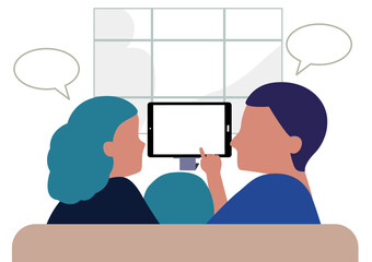Families with kid watching and talking about news with their tablet at home. Concept flat vector.