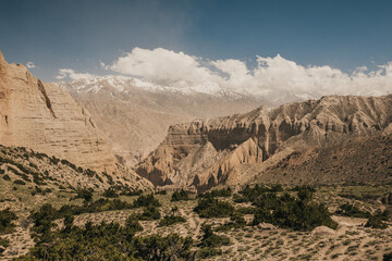 Naklejka premium Upper mustang - Kingdom of Lo. Canyon in ancient Tibet. Sandstone massif in Nepal. trekking rote. high quality photo. Anapurna area. wild place.close territory.