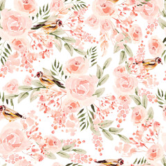 Beautiful Watercolor seamless pattern with roses and peony flowers. 