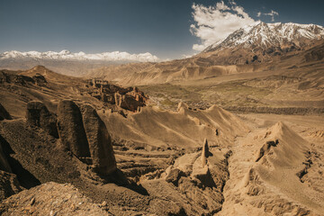 Upper mustang - Kingdom of Lo. Canyon in ancient Tibet. Sandstone massif in Nepal. trekking rote. high quality photo. Anapurna area. wild place.close territory.