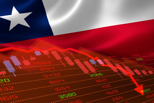 Chile Flag and Economic Downturn With Stock Exchange Market Indicators in Red. Concept of Covid-19 coronavirus effect on the economy. - Powered by Adobe
