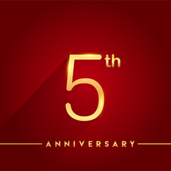 Celebrating of 5th years anniversary, logotype golden colored isolated on red background, vector design for greeting card and invitation card
