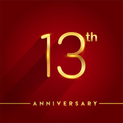 Celebrating of 13th years anniversary, logotype golden colored isolated on red background, vector design for greeting card and invitation card