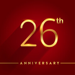 Celebrating of 26th years anniversary, logotype golden colored isolated on red background, vector design for greeting card and invitation card