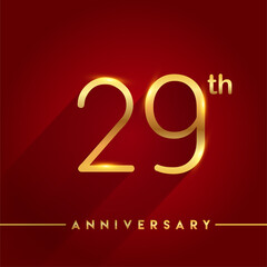 Celebrating of 29th years anniversary, logotype golden colored isolated on red background, vector design for greeting card and invitation card