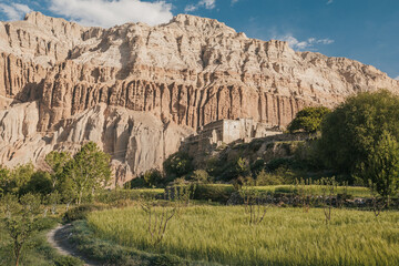 Upper mustang - Kingdom of Lo. Canyon in ancient Tibet. Sandstone massif in Nepal. trekking rote. high quality photo. Anapurna area. wild place.close territory.