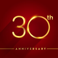 Celebrating of 30 years anniversary, logotype golden colored isolated on red background, vector design for greeting card and invitation card