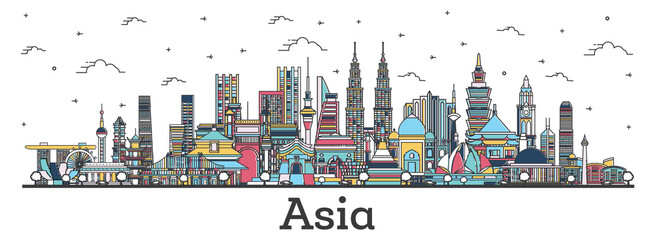 Asian Landscape. Outline Color Famous Landmarks in Asia.