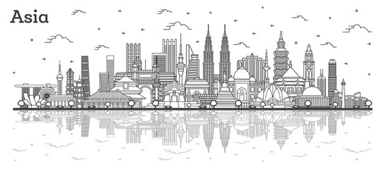Asian Landscape. Outline Famous Landmarks in Asia with Reflections.