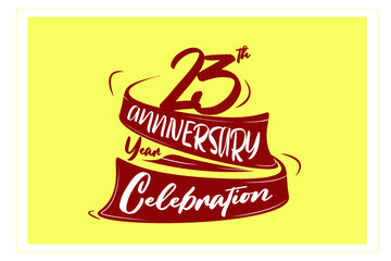 23 year anniversary Red Ribbon, minimalist logo, greeting card. Birthday invitation. Red space vector illustration on yellow background - Vector
