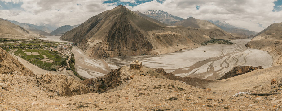 Upper mustang - Kingdom of Lo. Canyon in ancient Tibet. Sandstone massif in Nepal. trekking rote. high quality panorama. Anapurna area. wild place.close territory.